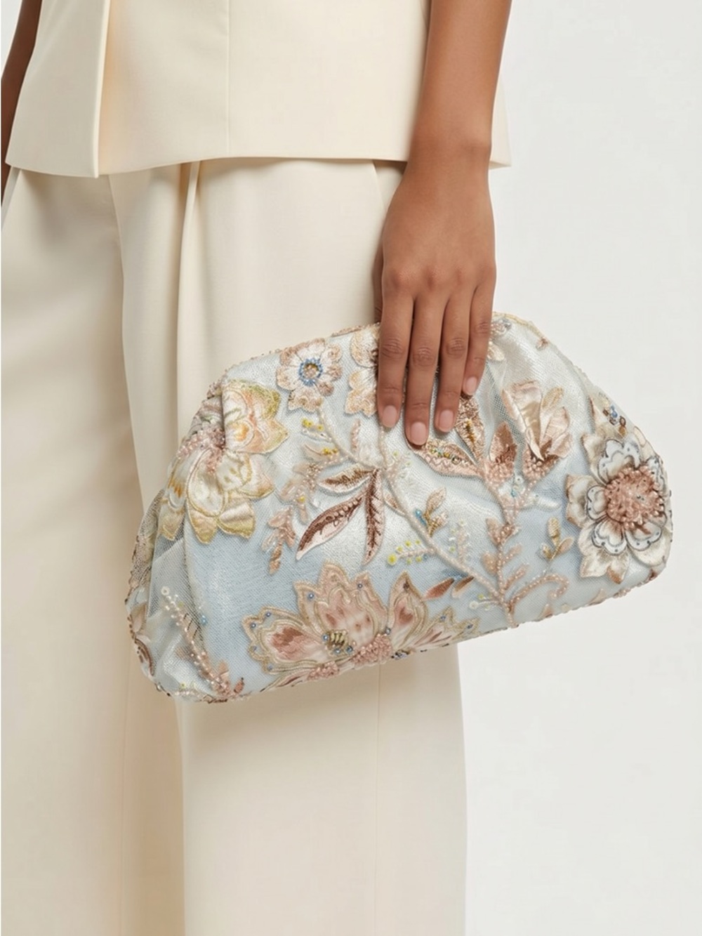 Embroidered Floral Clutch Bag in ivory color
